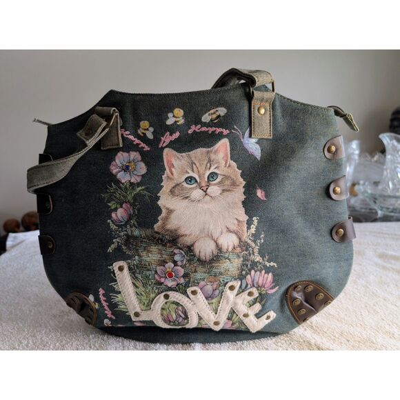 Far Nine Denim Cat Purse Tote Bag Floral Bee “LOVE” Studded Zipper - Picture 3 of 10